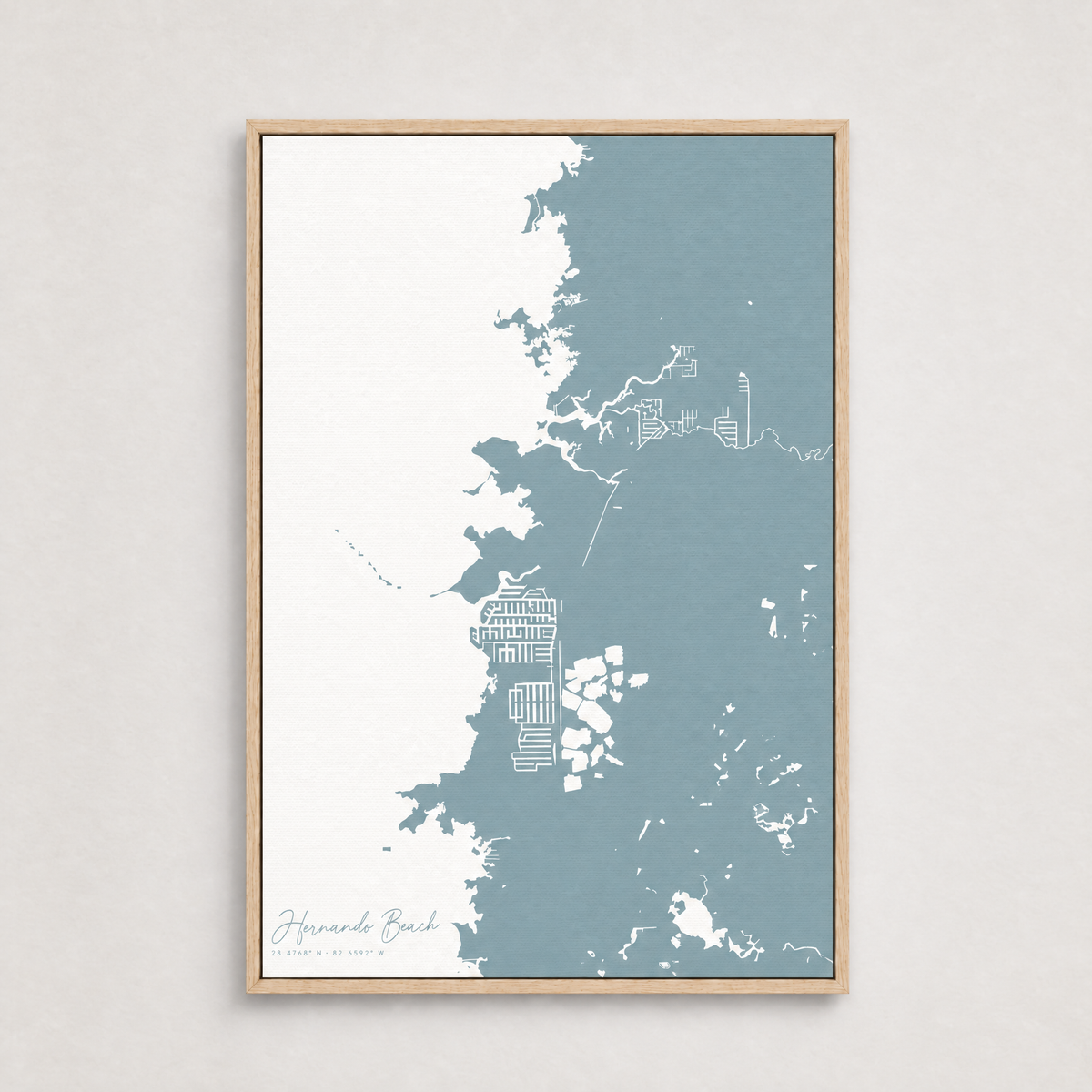 Hernando Beach vertical canvas map, Soft Blue, Light Wood