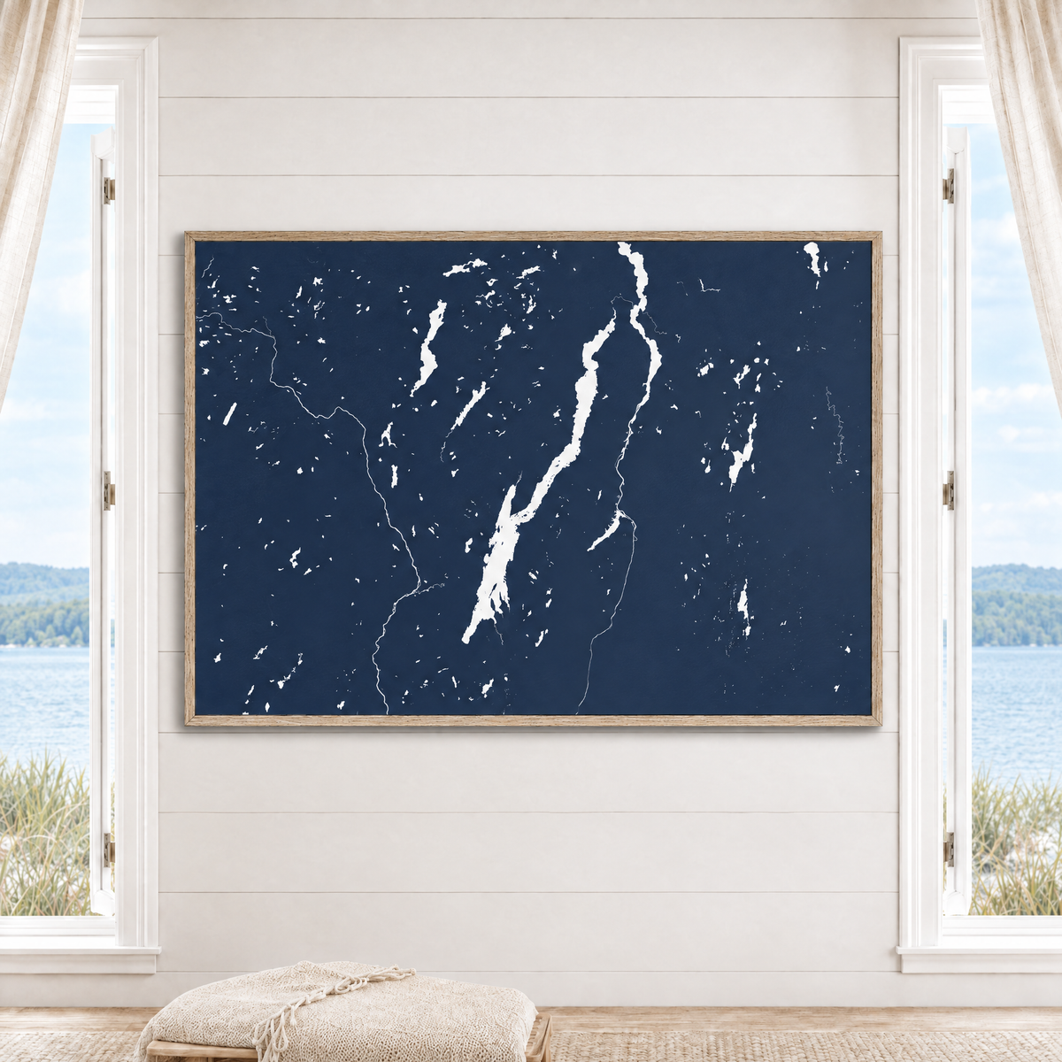 Lake George horizontal canvas map in Navy, window interior
