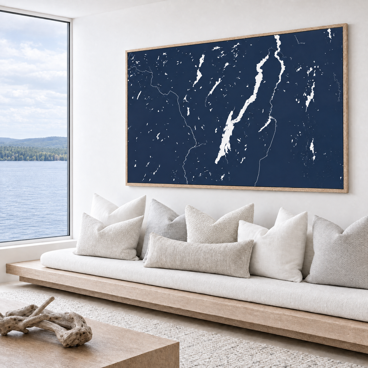 Lake George horizontal canvas map in Navy, bench beside a water view