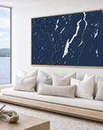 Lake George horizontal canvas map in Navy, bench beside a water view