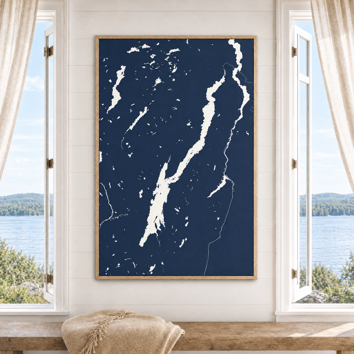 Lake George vertical canvas map in Navy, window interior
