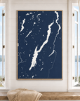 Lake George vertical canvas map in Navy, window interior