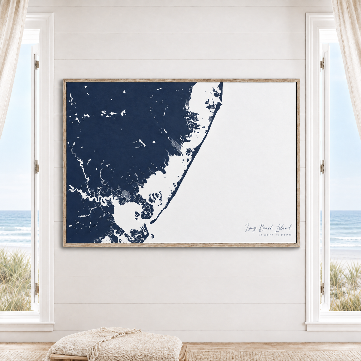 Long Beach Island horizontal canvas map in Navy, window interior