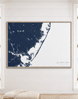 Long Beach Island horizontal canvas map in Navy, window interior