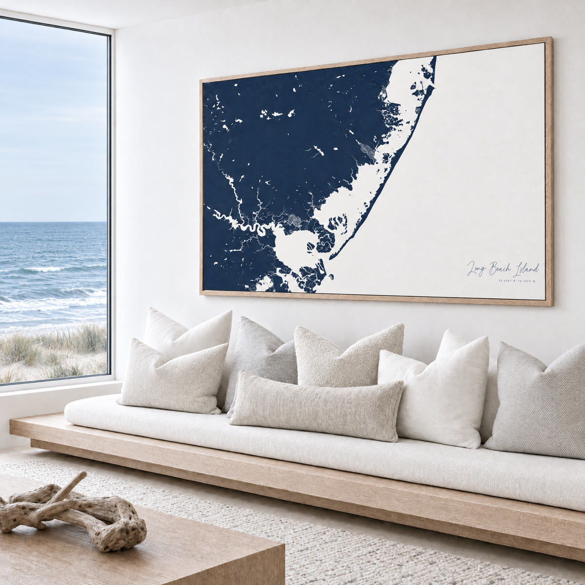 Long Beach Island horizontal canvas map in Navy, bench beside a water view