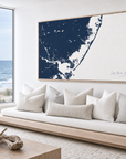 Long Beach Island horizontal canvas map in Navy, bench beside a water view