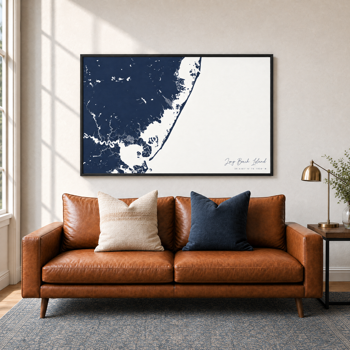 Long Beach Island horizontal canvas map in Navy, black-framed canvas above a sofa