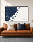 Long Beach Island horizontal canvas map in Navy, black-framed canvas above a sofa
