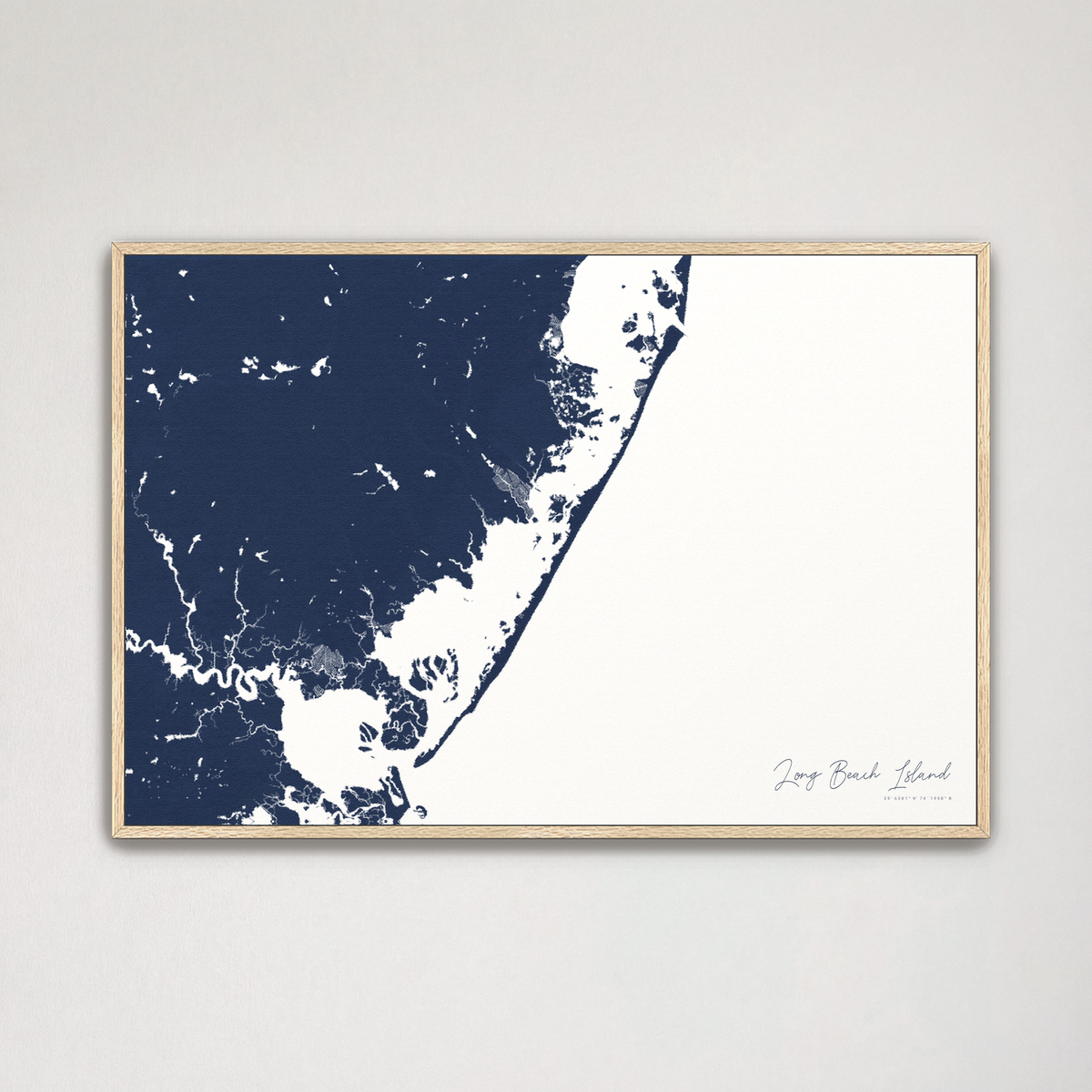 Long Beach Island horizontal canvas map, Navy, Natural Oak