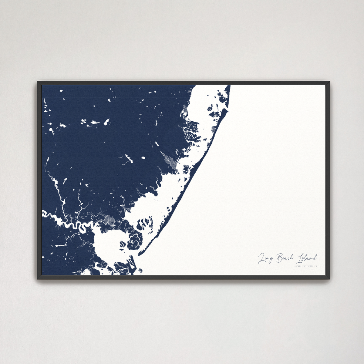 Long Beach Island horizontal canvas map, Navy, Black Frame