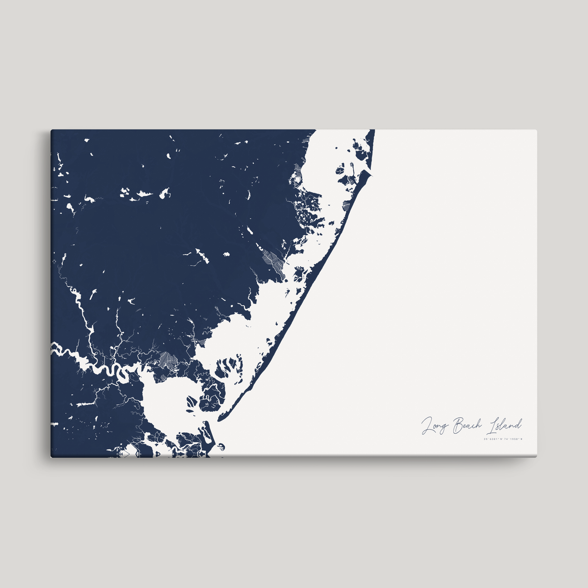 Long Beach Island horizontal canvas map, Navy, No Frame