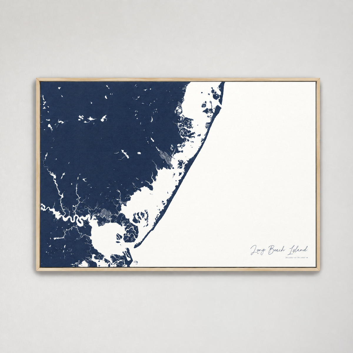 Long Beach Island horizontal canvas map, Navy, Light Wood