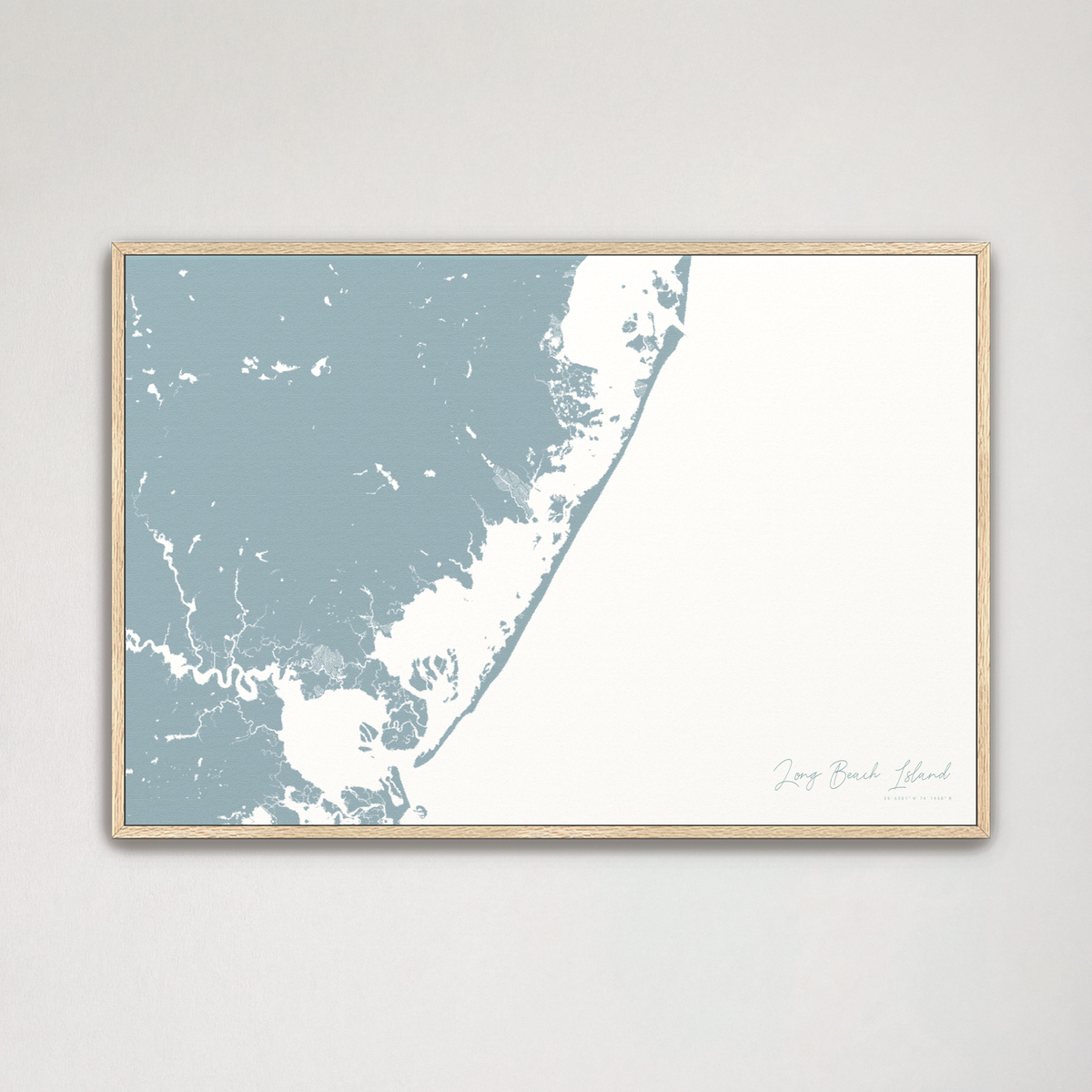 Long Beach Island horizontal canvas map, Soft Blue, Natural Oak