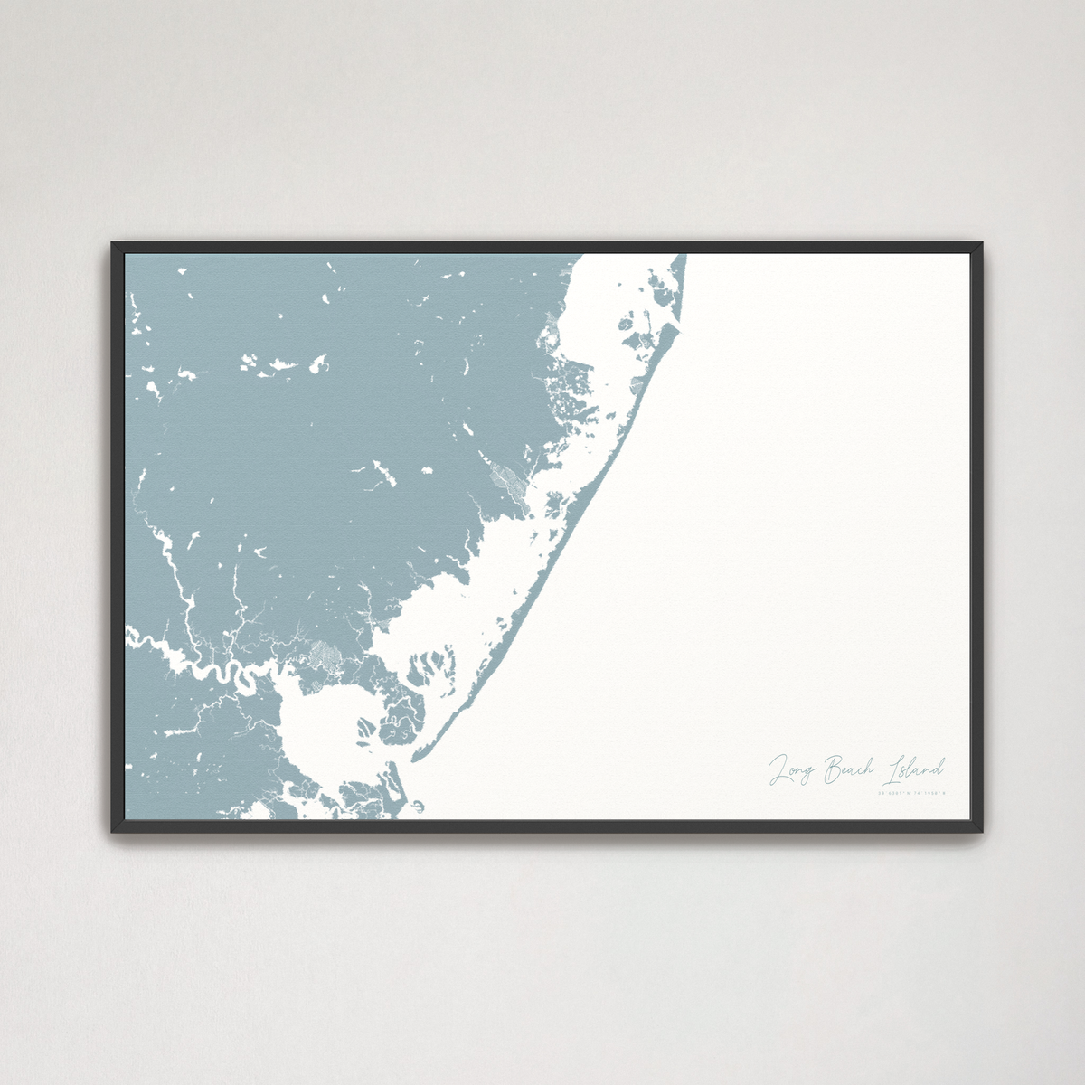 Long Beach Island horizontal canvas map, Soft Blue, Black Frame