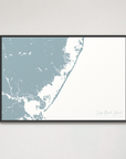 Long Beach Island horizontal canvas map, Soft Blue, Black Frame