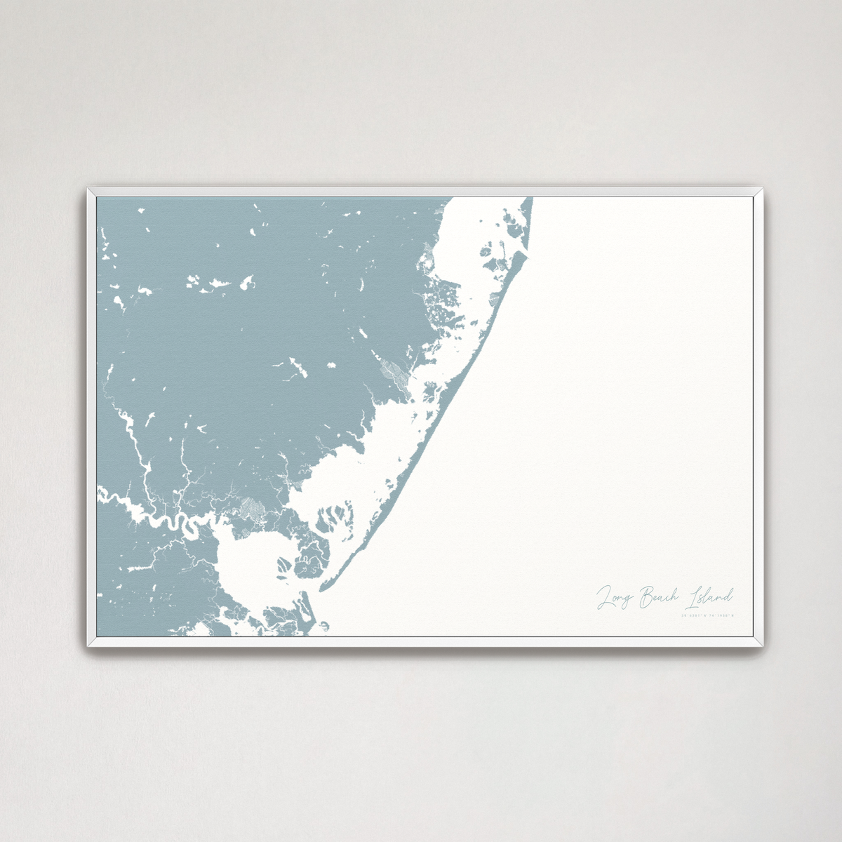 Long Beach Island horizontal canvas map, Soft Blue, White Frame
