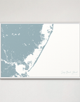Long Beach Island horizontal canvas map, Soft Blue, White Frame