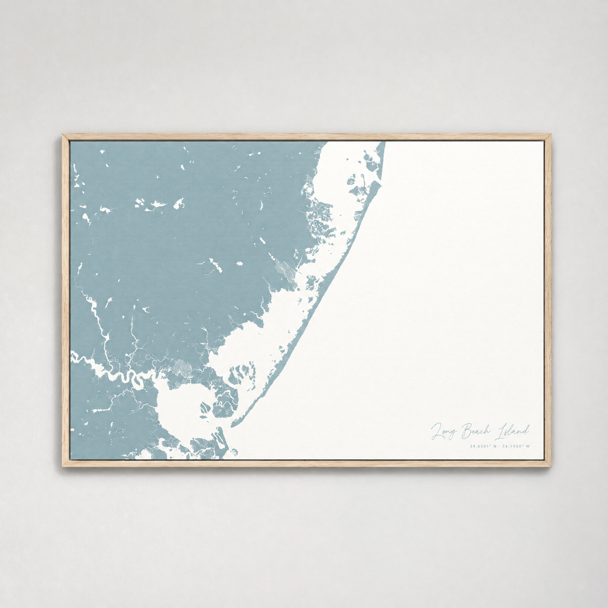 Long Beach Island horizontal canvas map, Soft Blue, Light Wood