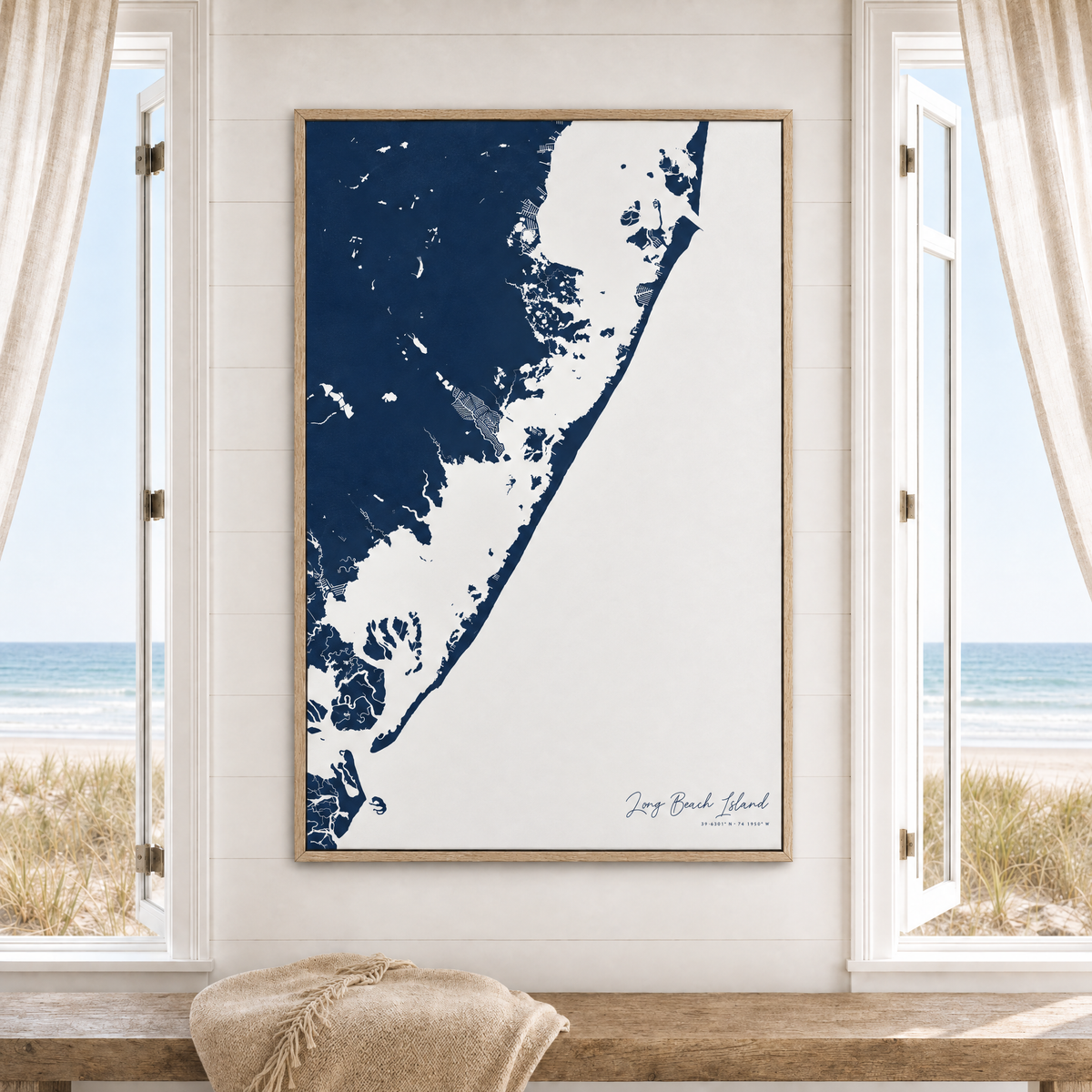 Long Beach Island vertical canvas map in Navy, window interior