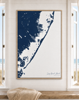 Long Beach Island vertical canvas map in Navy, window interior