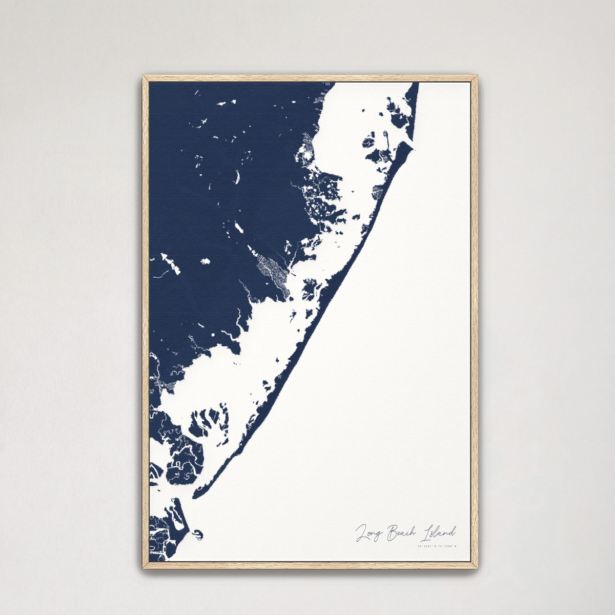 Long Beach Island vertical canvas map, Navy, Natural Oak