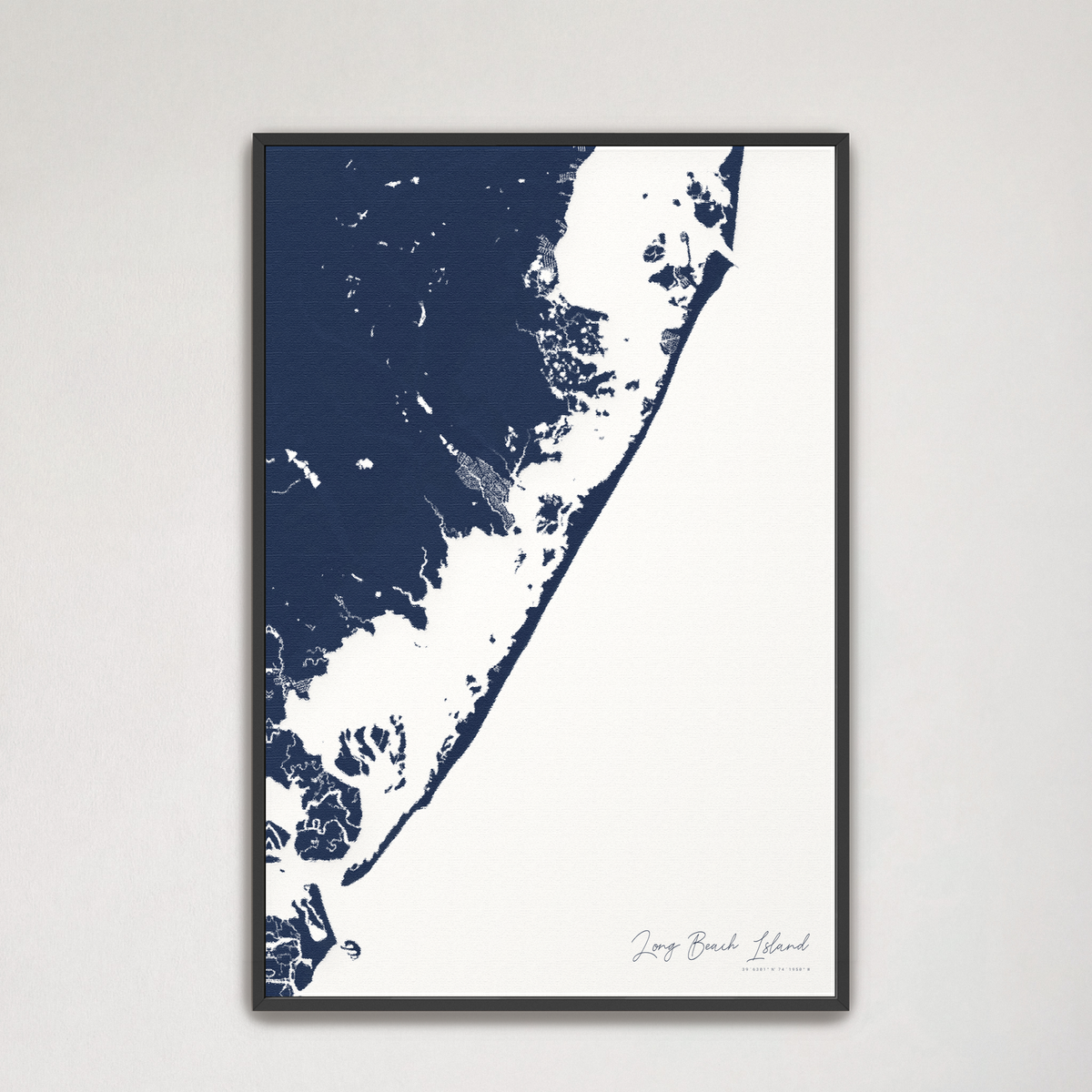 Long Beach Island vertical canvas map, Navy, Black Frame
