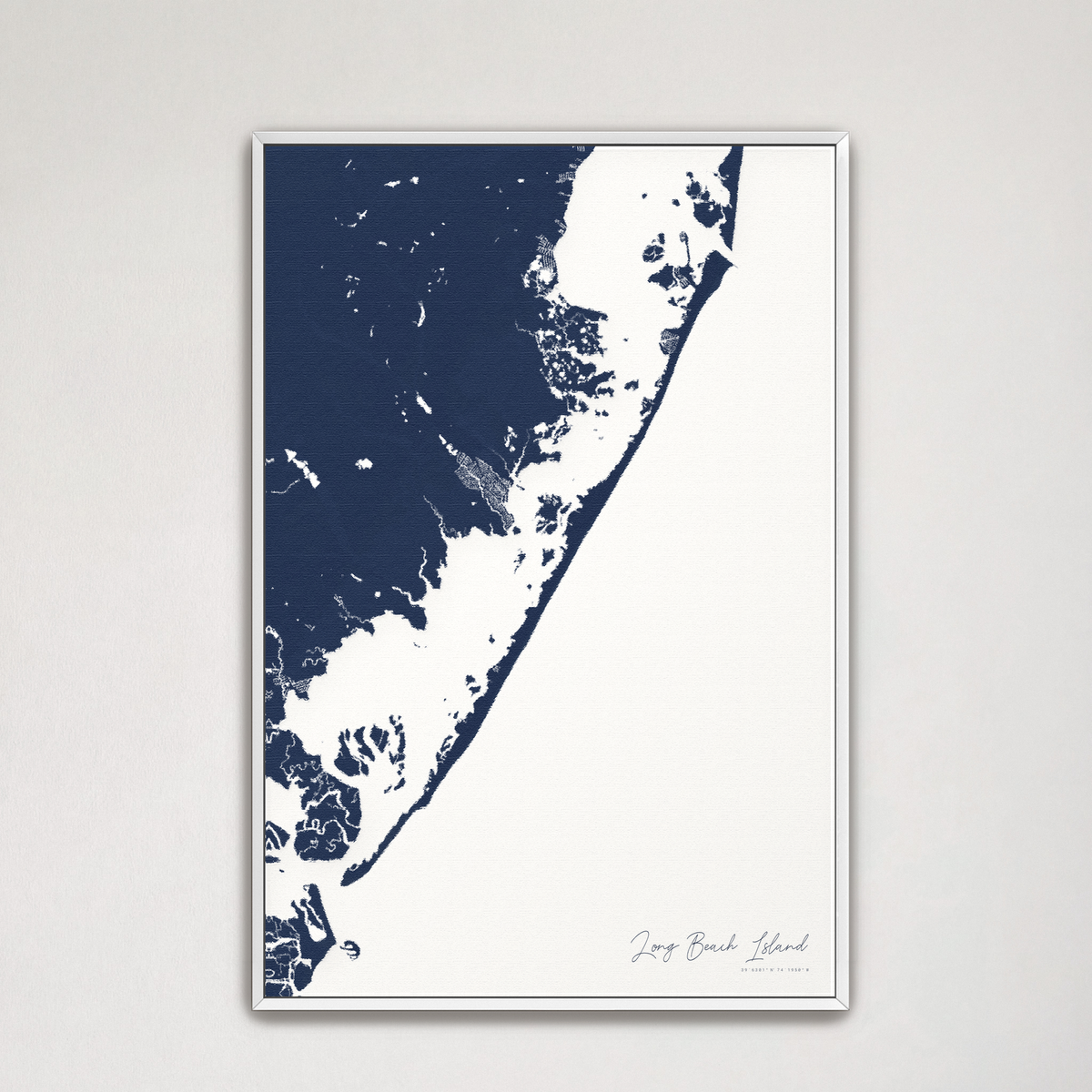 Long Beach Island vertical canvas map, Navy, White Frame