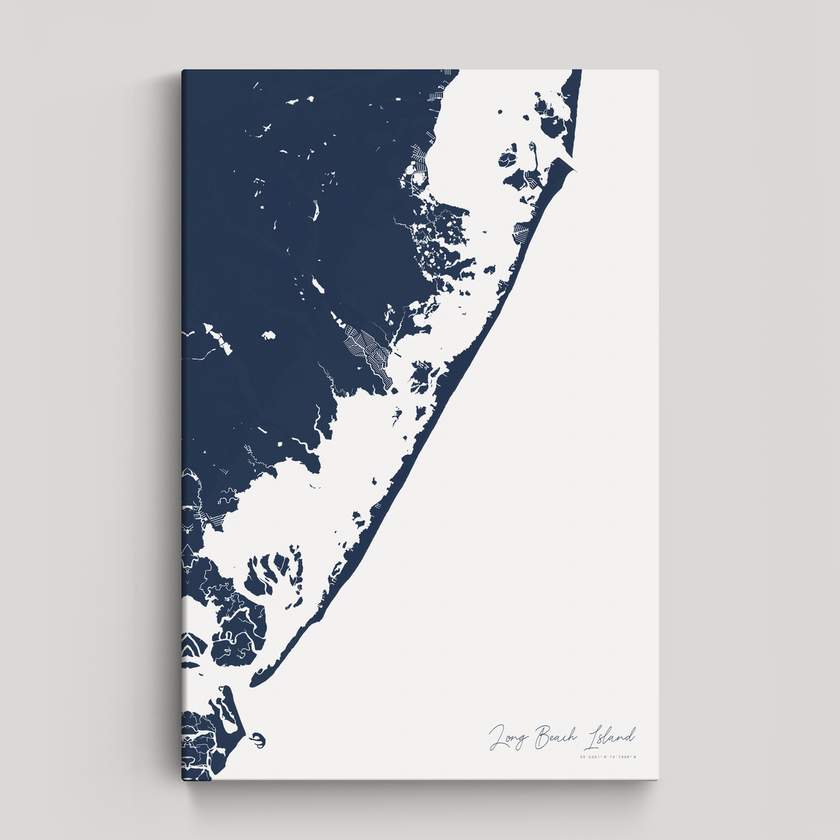 Long Beach Island vertical canvas map, Navy, No Frame