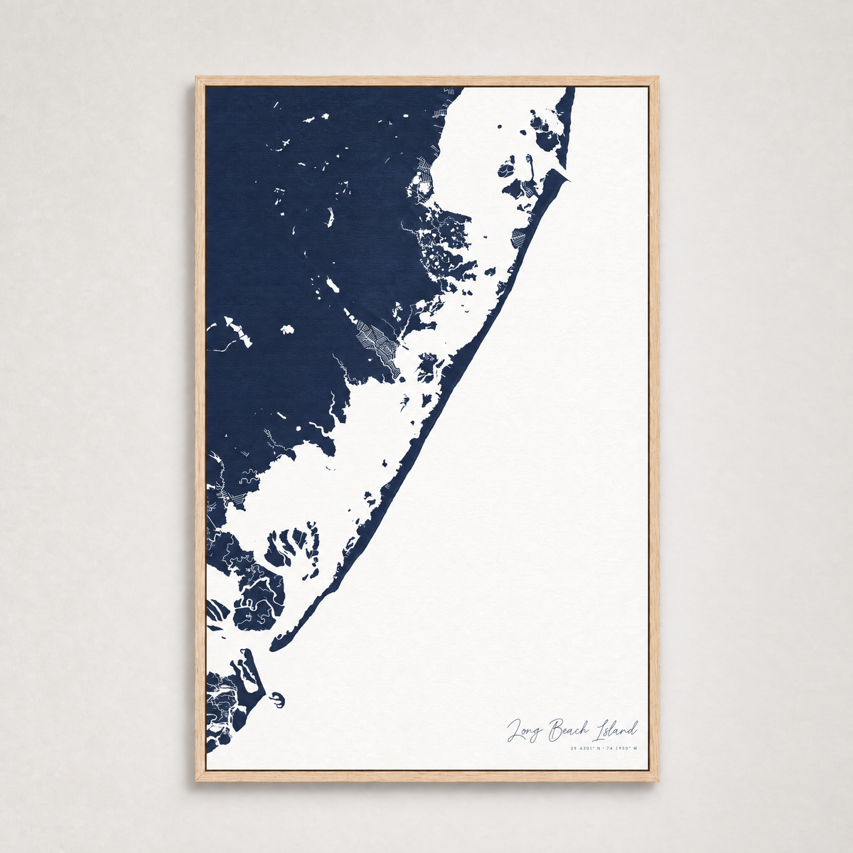 Long Beach Island vertical canvas map, Navy, Light Wood