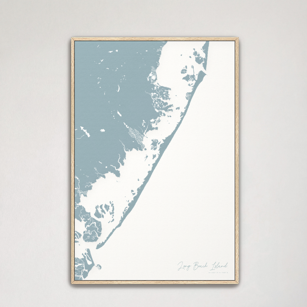 Long Beach Island vertical canvas map, Soft Blue, Natural Oak