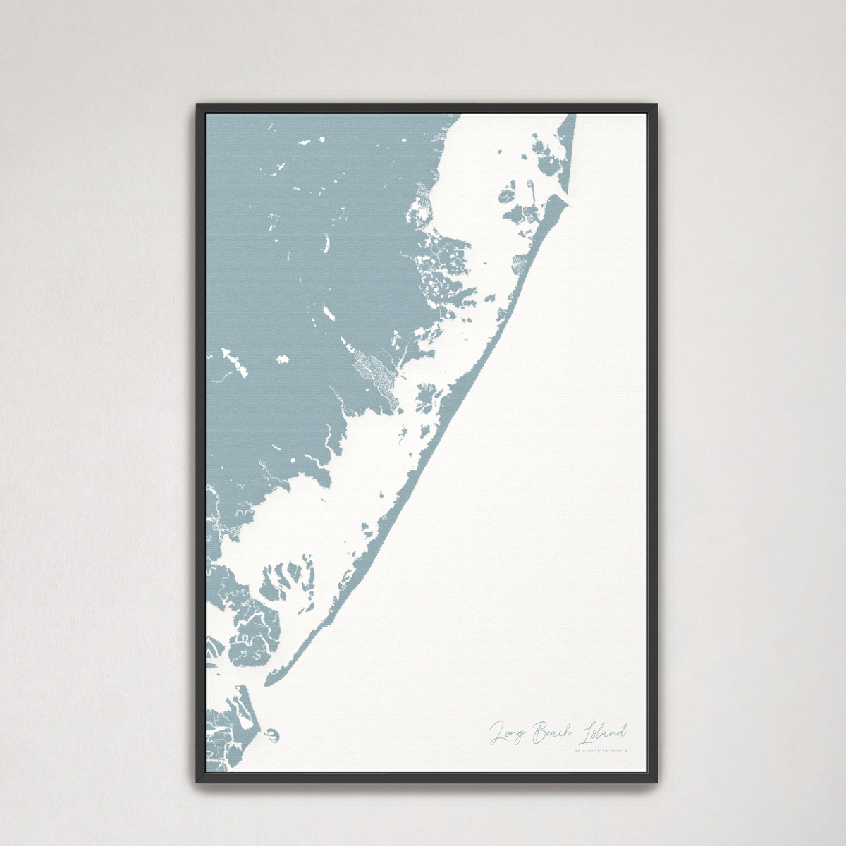 Long Beach Island vertical canvas map, Soft Blue, Black Frame