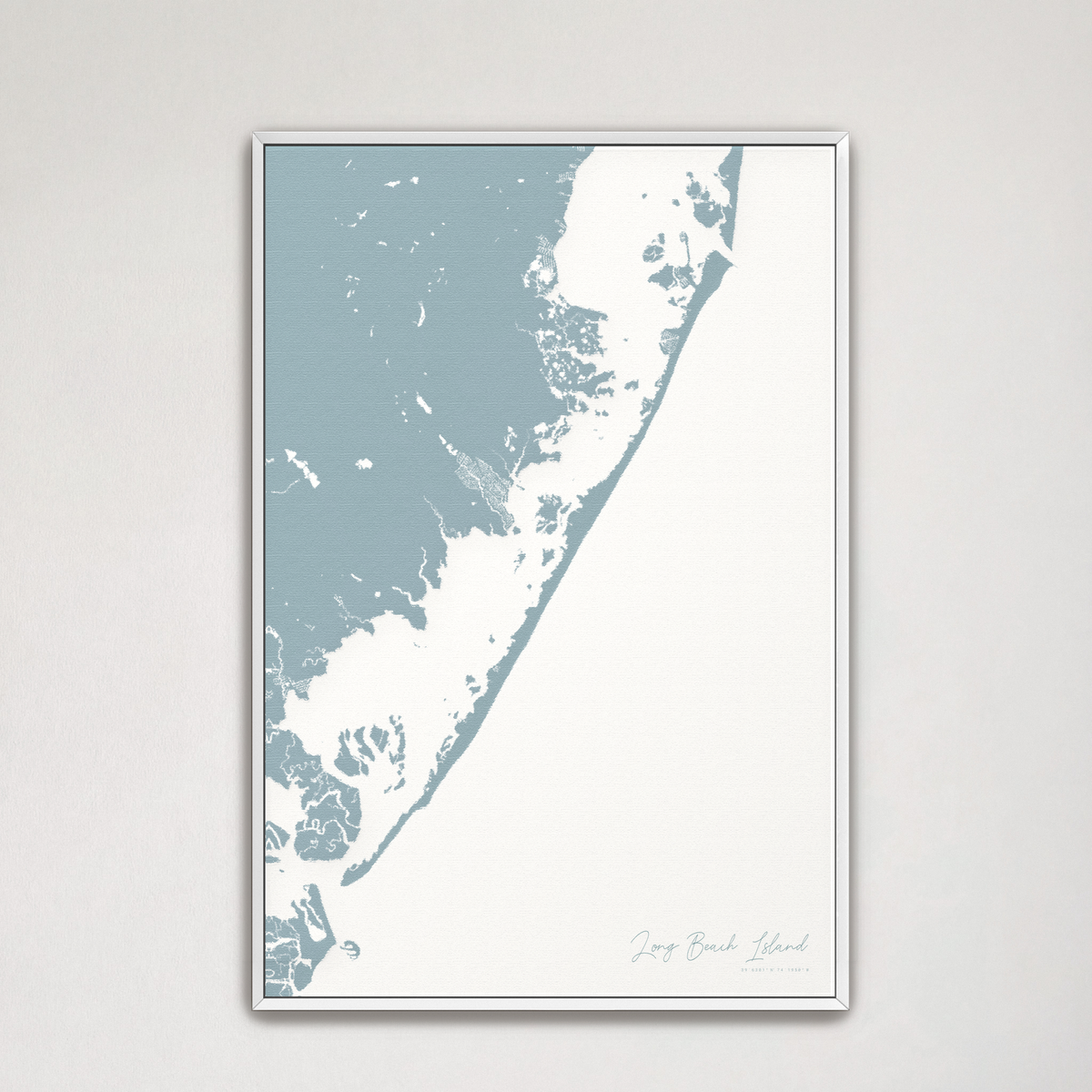 Long Beach Island vertical canvas map, Soft Blue, White Frame