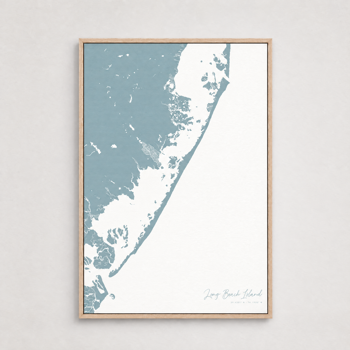 Long Beach Island vertical canvas map, Soft Blue, Light Wood