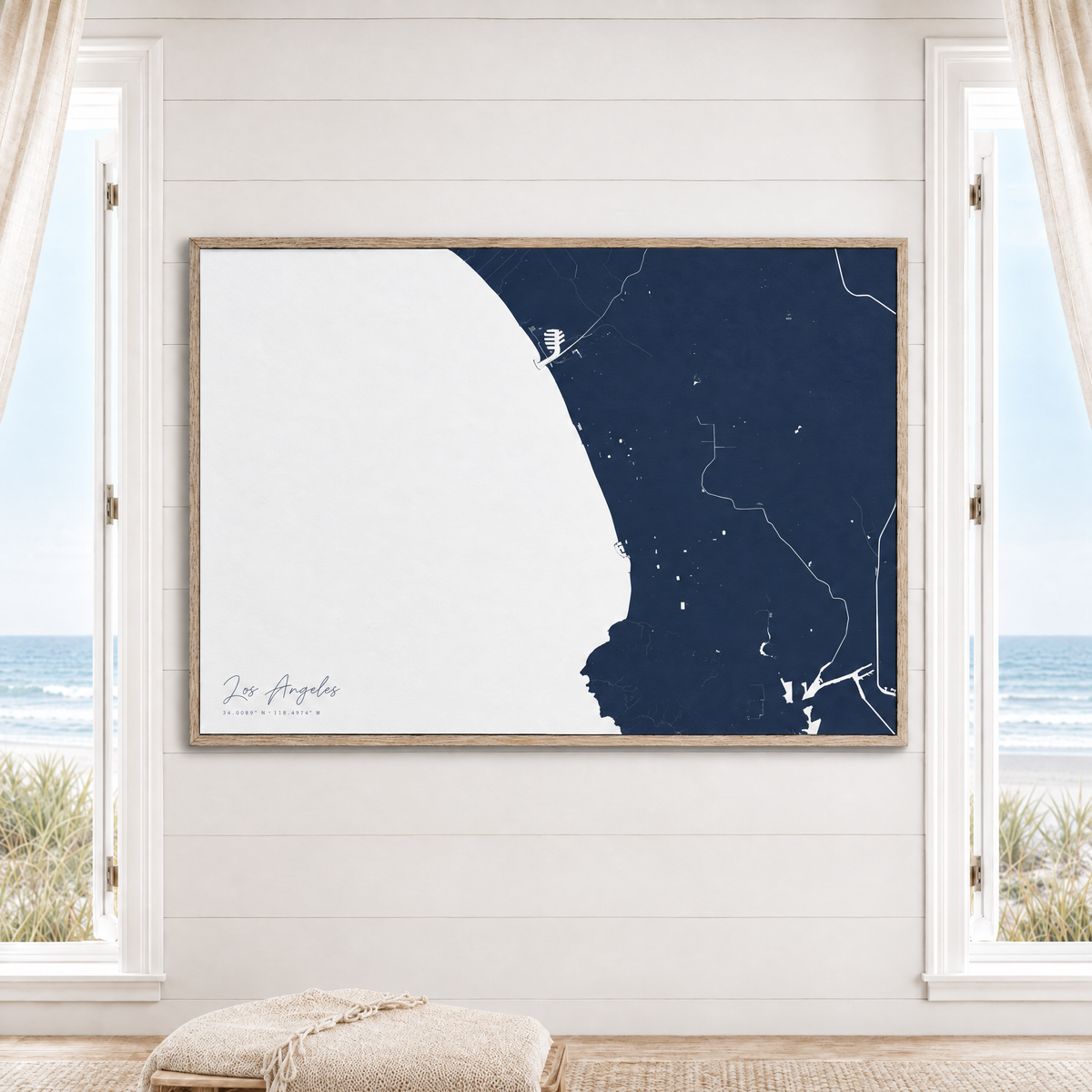 Los Angeles horizontal canvas map in Navy, window interior