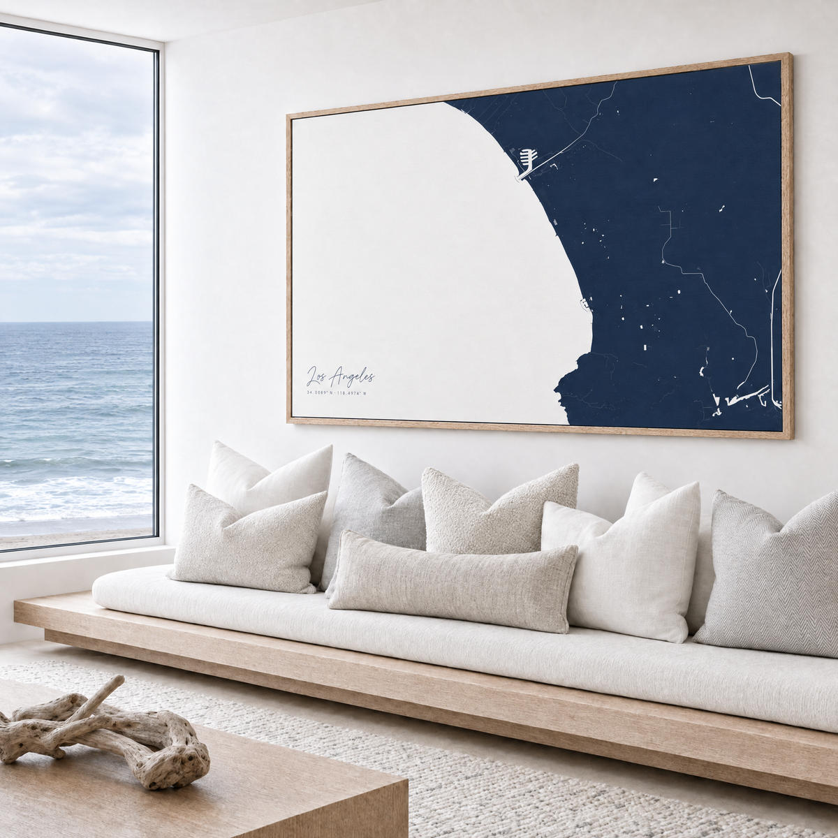Los Angeles horizontal canvas map in Navy, bench beside a water view