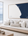 Los Angeles horizontal canvas map in Navy, bench beside a water view