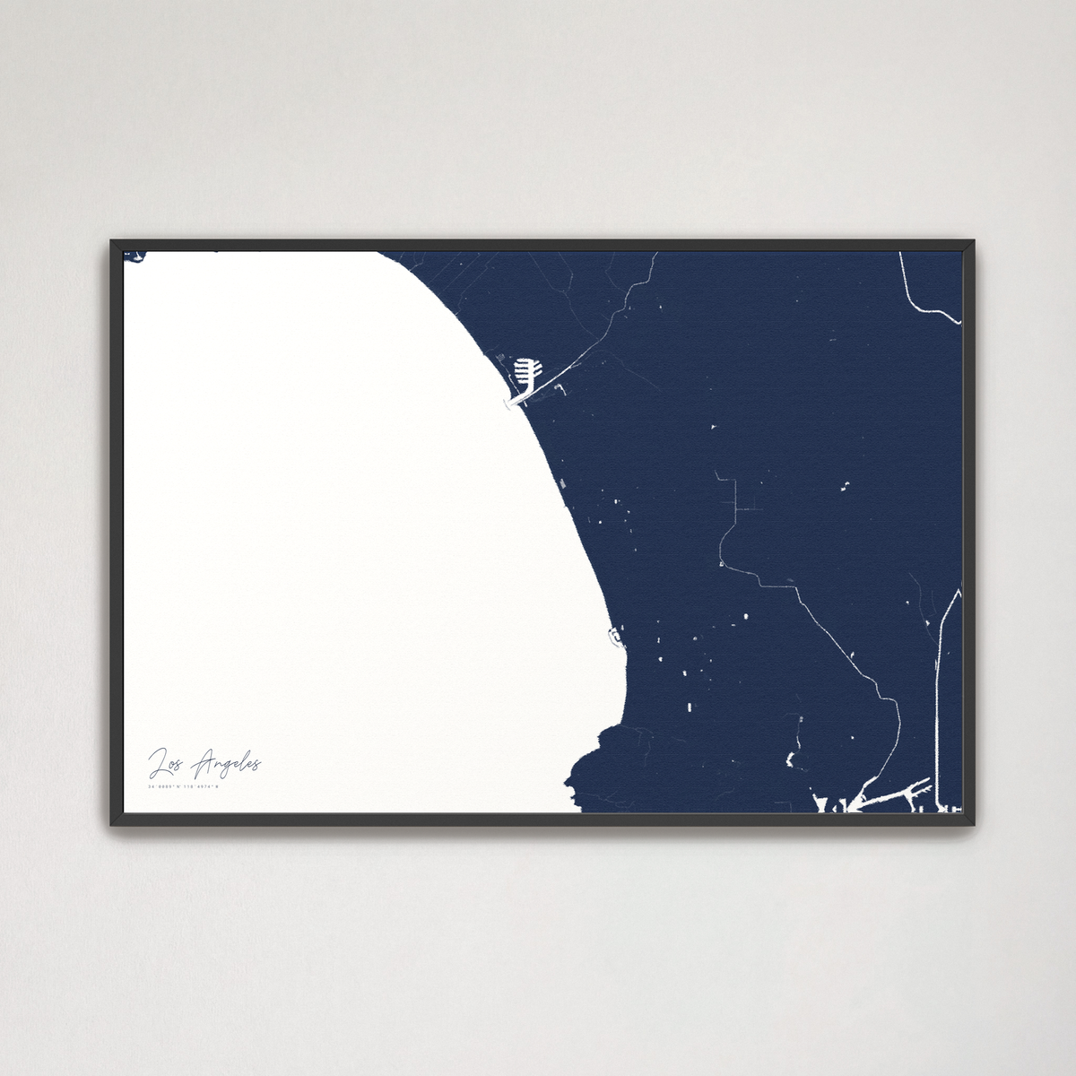 Los Angeles horizontal canvas map, Navy, Black Frame