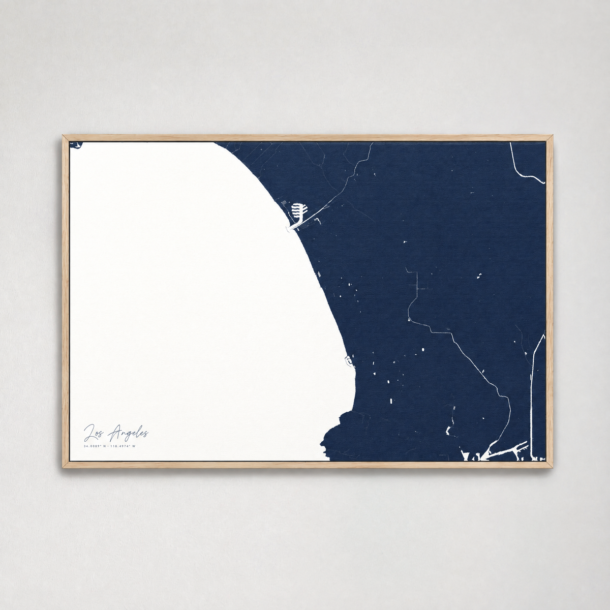 Los Angeles horizontal canvas map, Navy, Light Wood