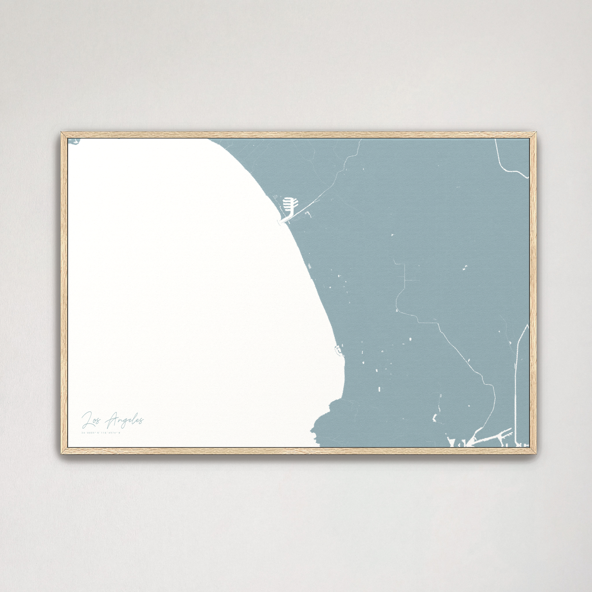 Los Angeles horizontal canvas map, Soft Blue, Natural Oak