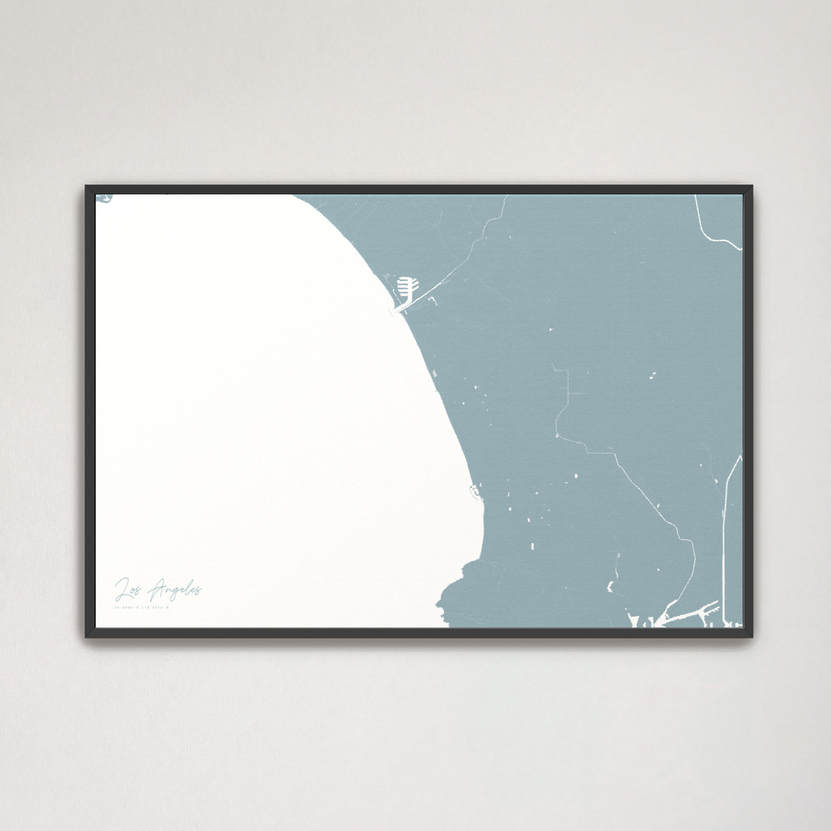 Los Angeles horizontal canvas map, Soft Blue, Black Frame