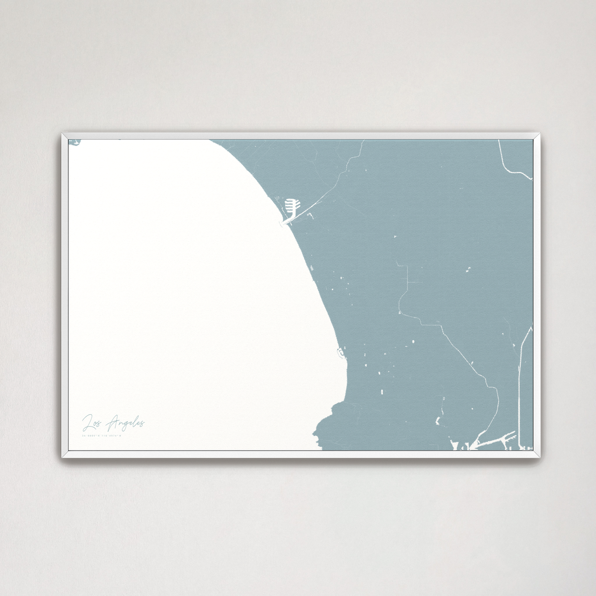 Los Angeles horizontal canvas map, Soft Blue, White Frame