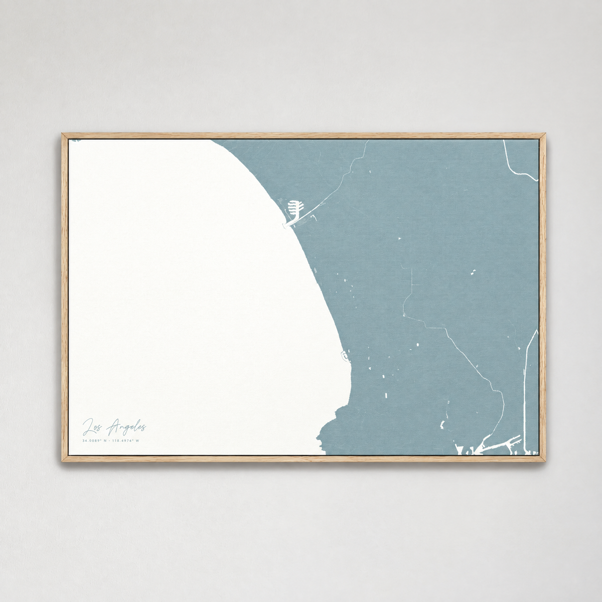 Los Angeles horizontal canvas map, Soft Blue, Light Wood