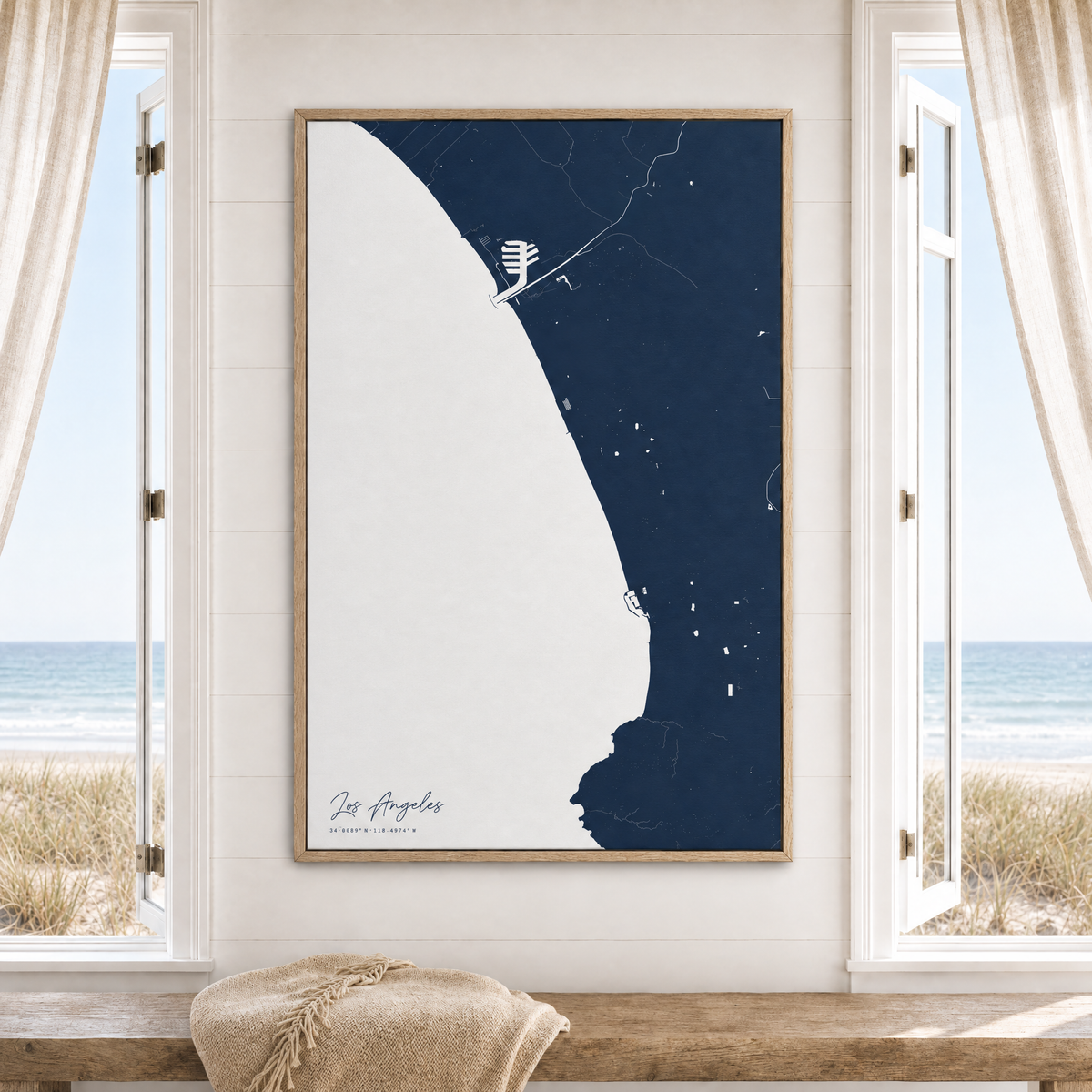 Los Angeles vertical canvas map in Navy, window interior