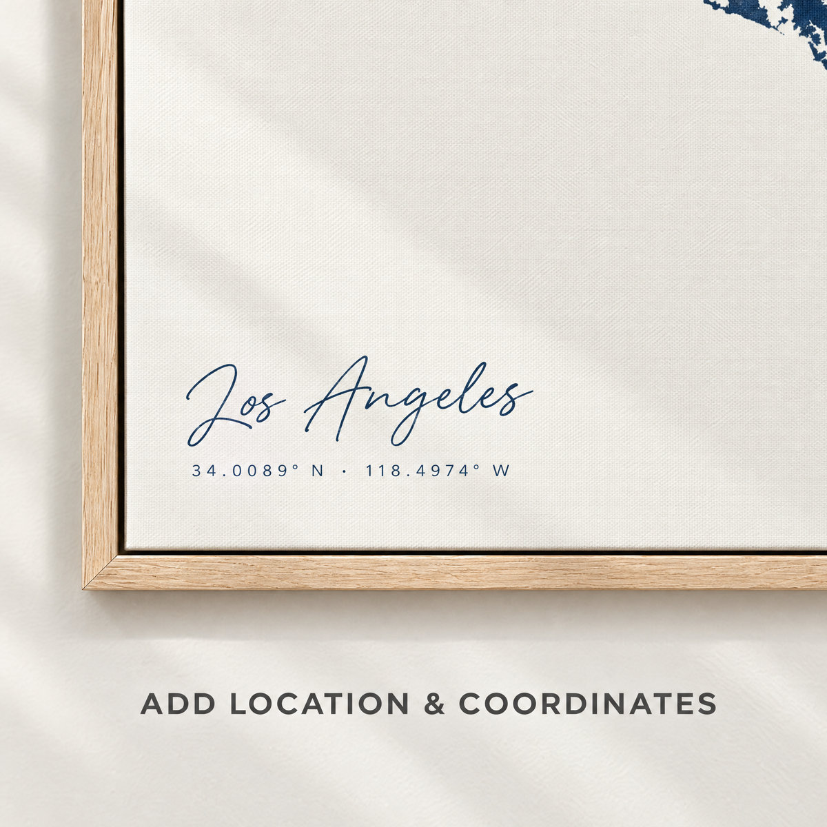 Los Angeles vertical canvas map in Navy, location and coordinates detail
