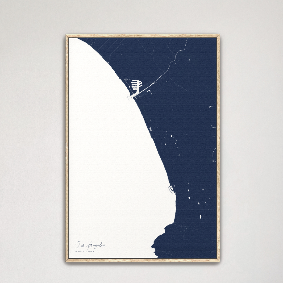 Los Angeles vertical canvas map, Navy, Natural Oak