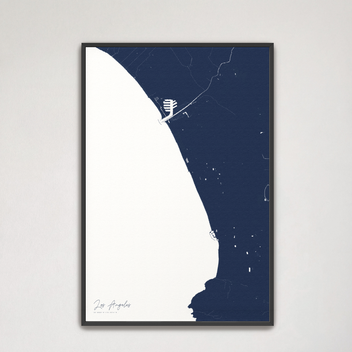 Los Angeles vertical canvas map, Navy, Black Frame