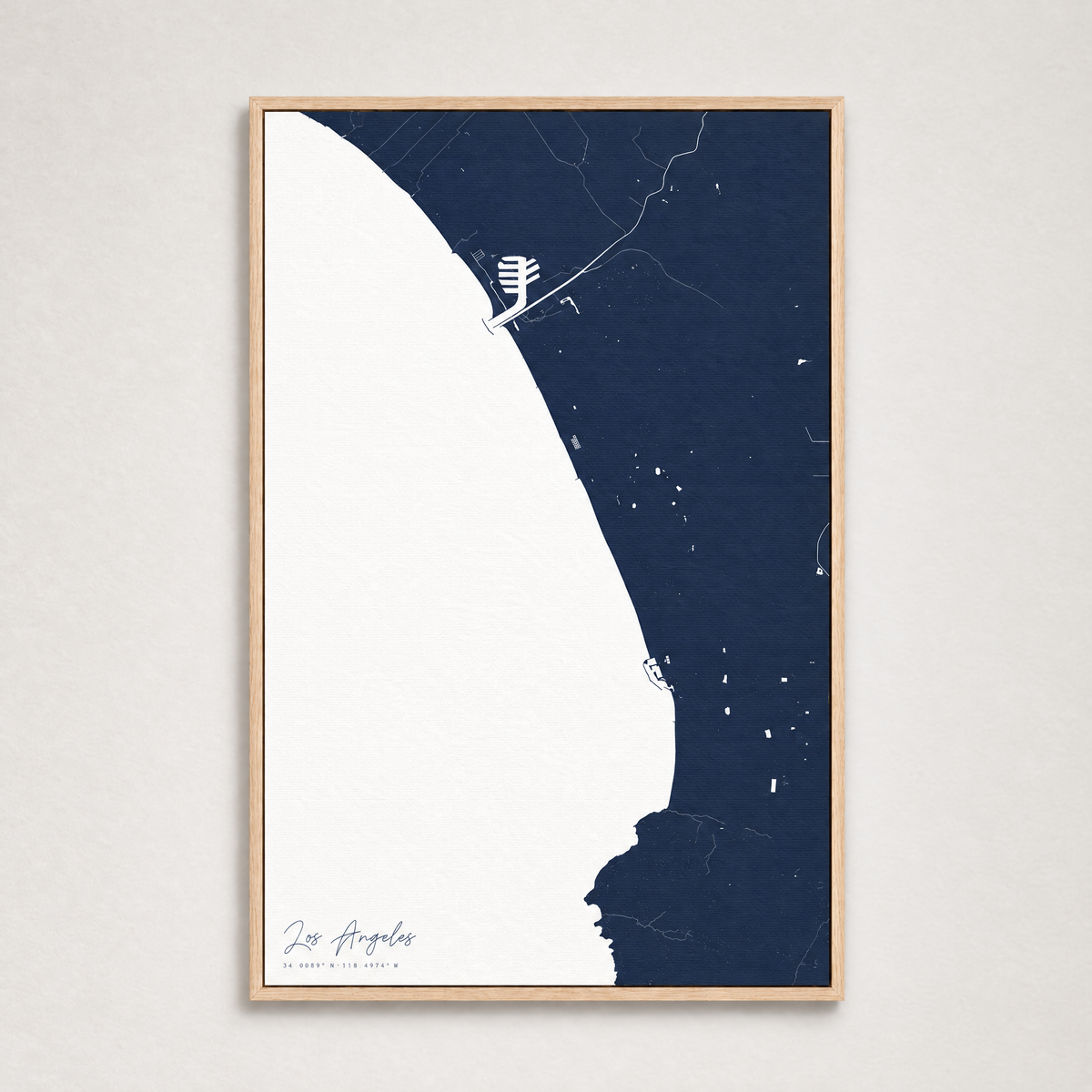 Los Angeles vertical canvas map, Navy, Light Wood