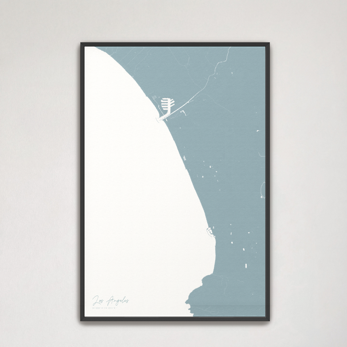 Los Angeles vertical canvas map, Soft Blue, Black Frame