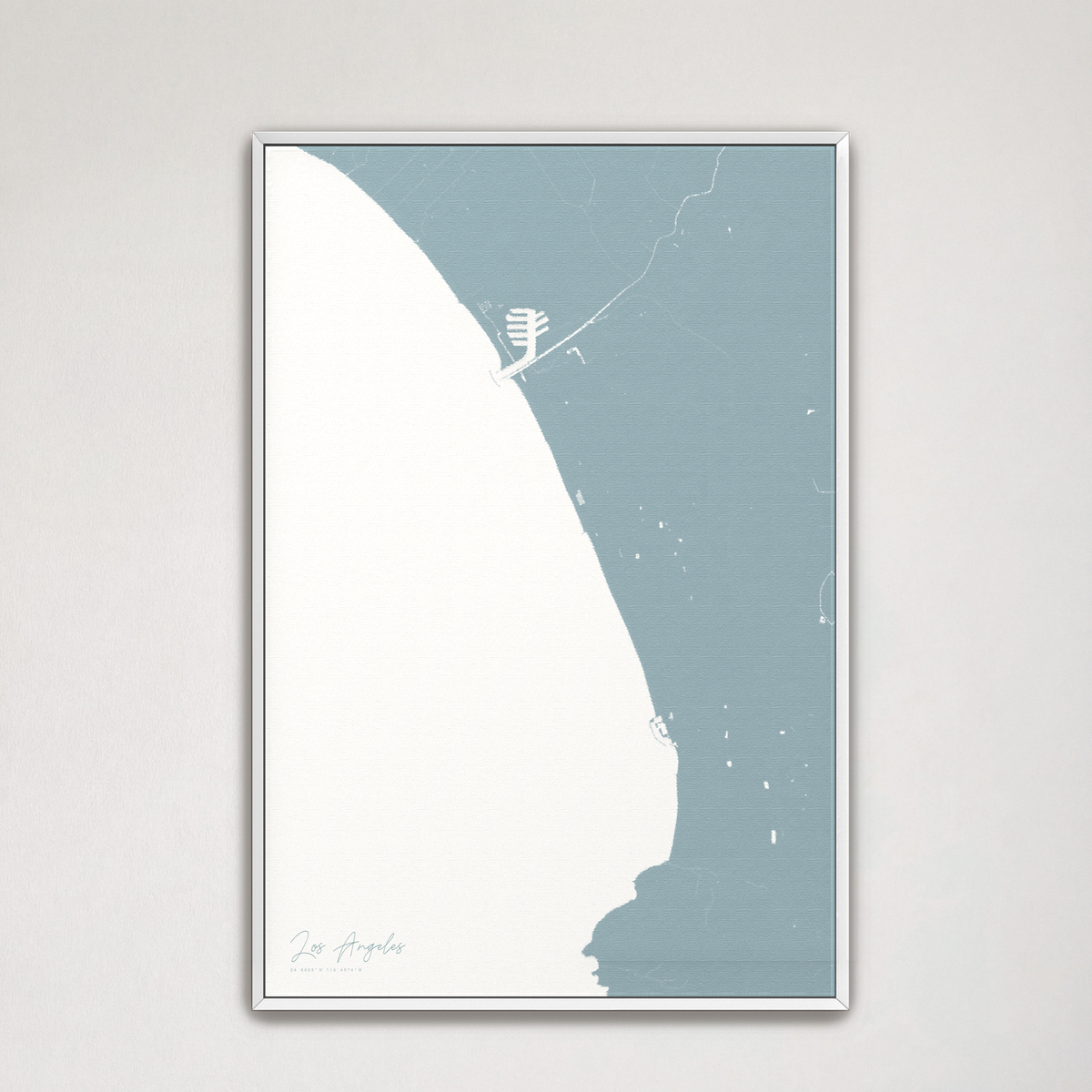 Los Angeles vertical canvas map, Soft Blue, White Frame