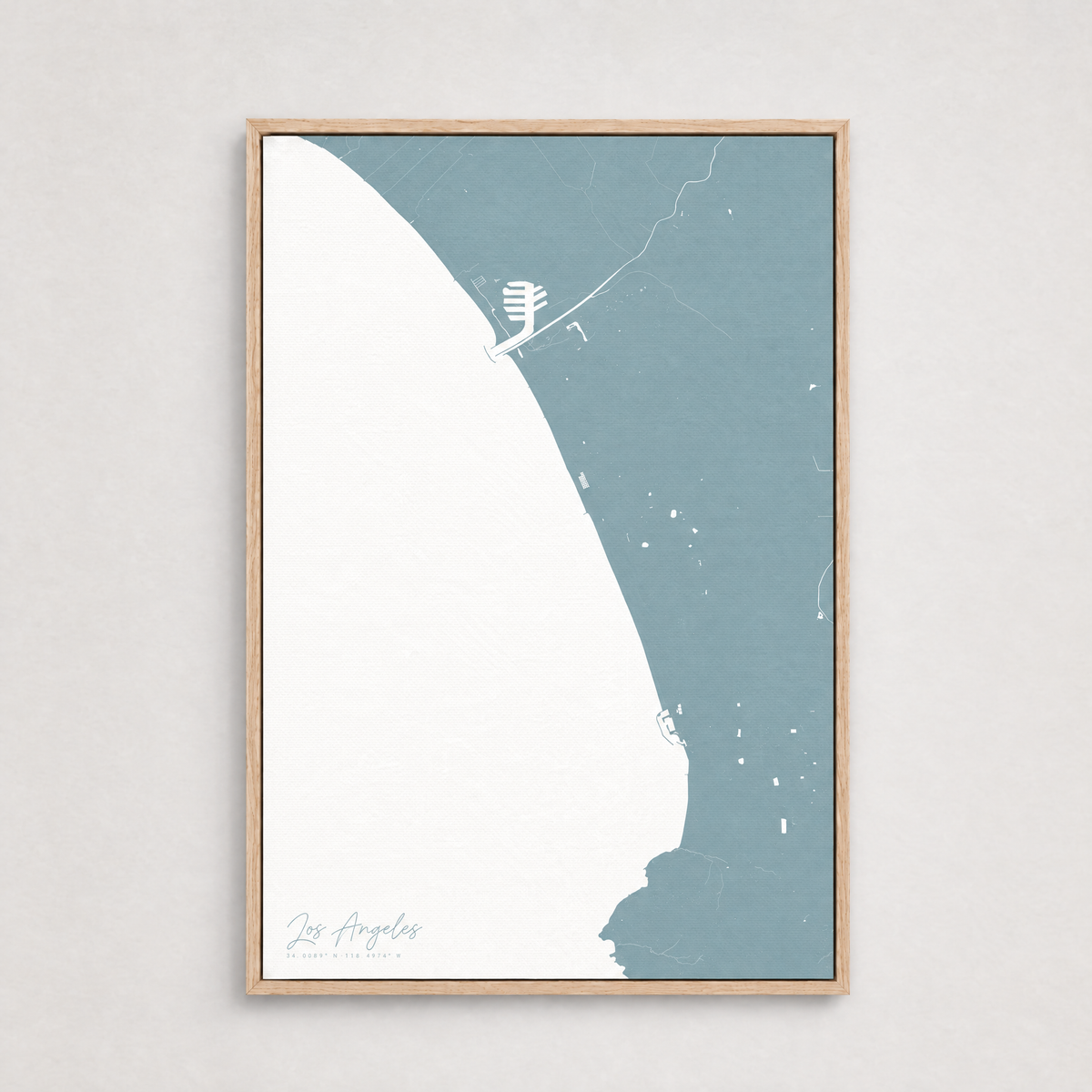 Los Angeles vertical canvas map, Soft Blue, Light Wood